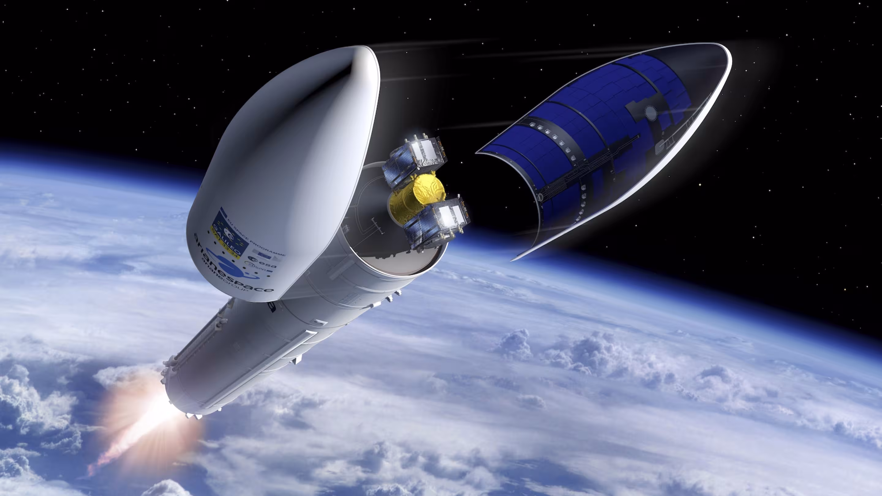 Drawing of two satellites inside the Ariane 6 fairing