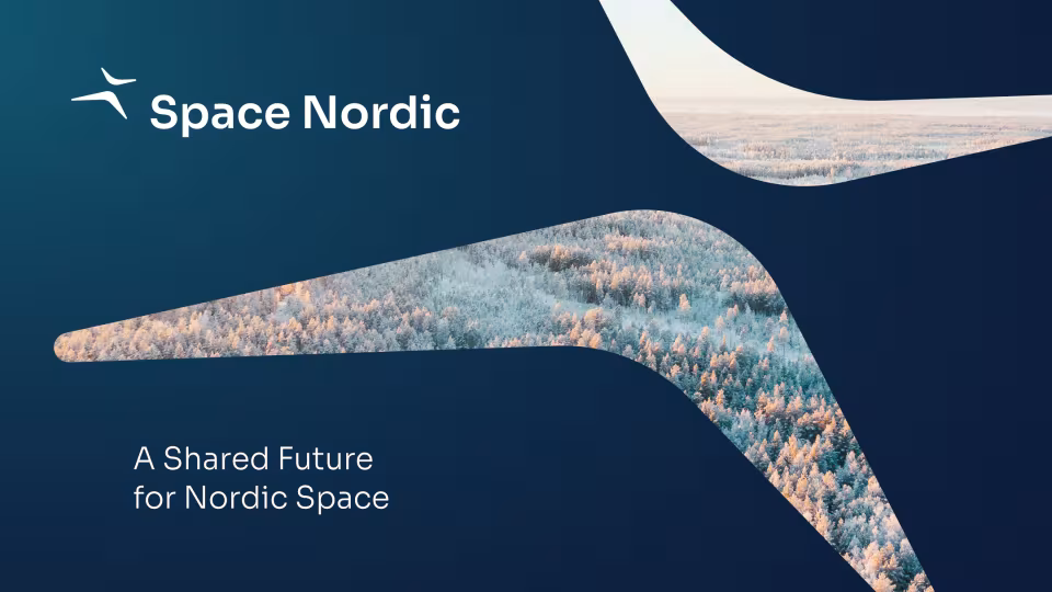 Space Nordic logo, suomalainen metsämaisema ja teksti "A Shared future for Nordic Space"